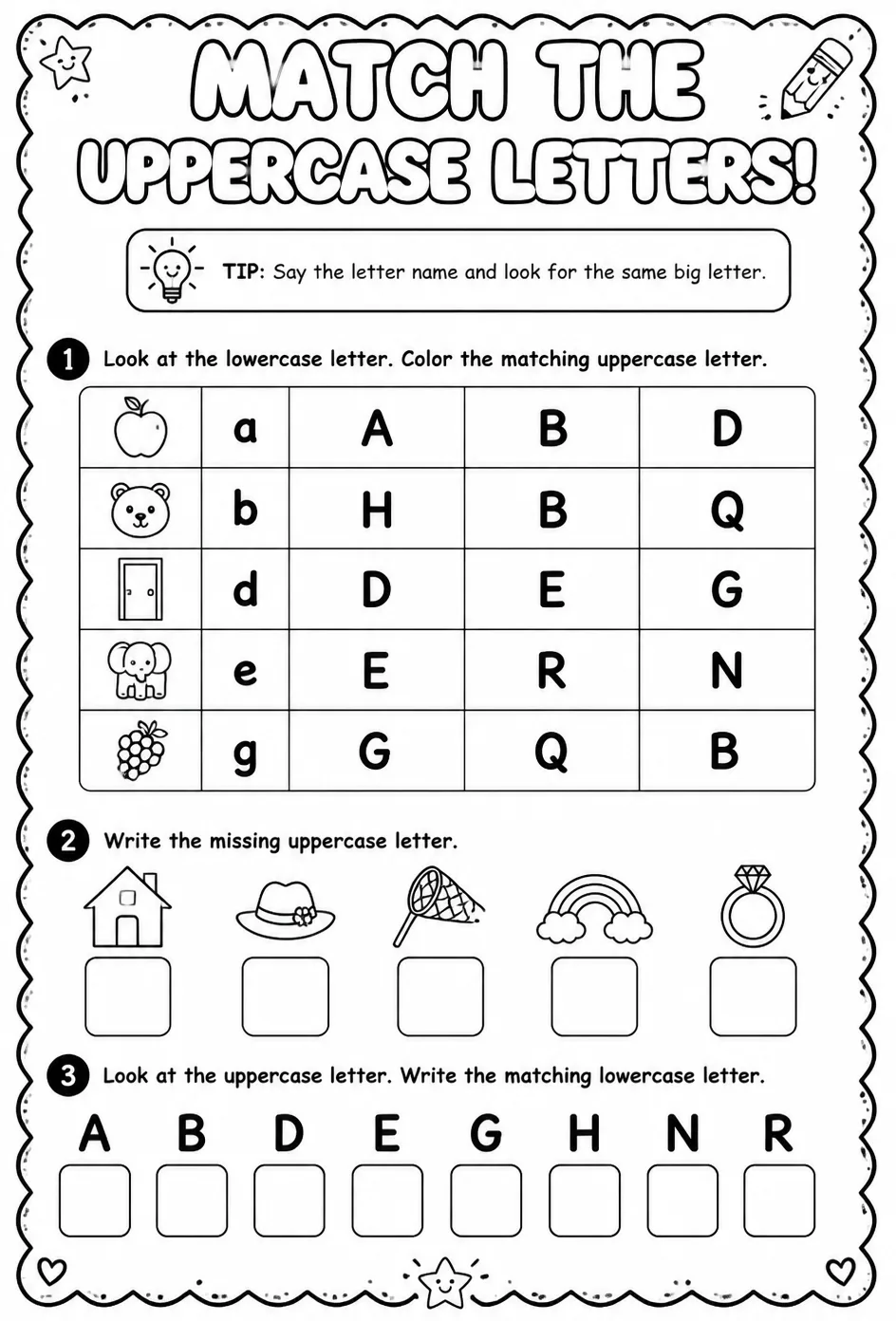 Choose the uppercase letter that matches: A, B, D, E, G, H, N, Q, R — free printable Reading foundations English worksheet