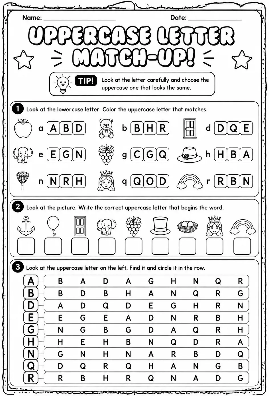 Choose the uppercase letter that matches: A, B, D, E, G, H, N, Q, R — free printable Pre-K English & Reading worksheet