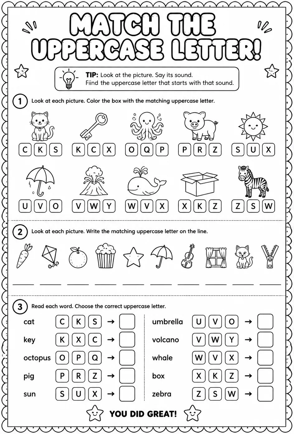 Choose the uppercase letter that matches: C, K, O, P, S, U, V, W, X, Z — free printable Pre-K English & Reading worksheet