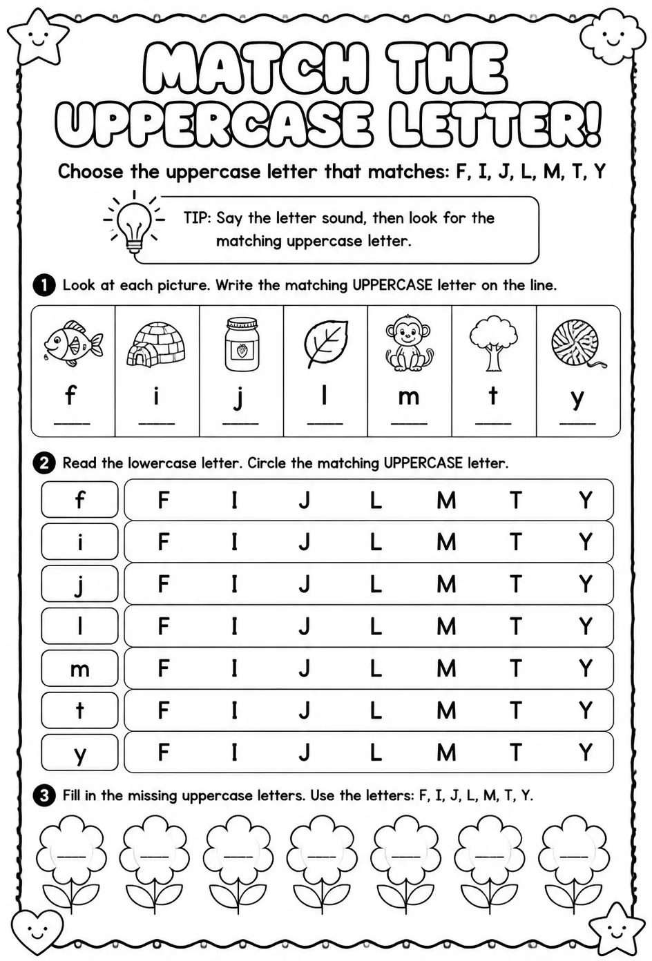 Choose the uppercase letter that matches: F, I, J, L, M, T, Y — free printable Reading foundations English worksheet