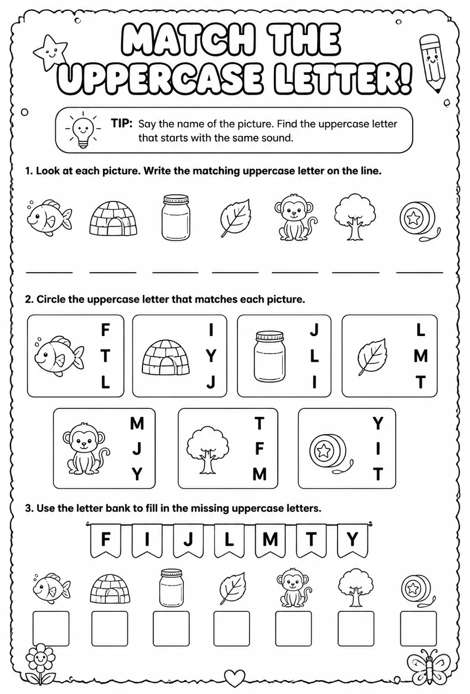 Choose the uppercase letter that matches: F, I, J, L, M, T, Y — free printable Pre-K English & Reading worksheet