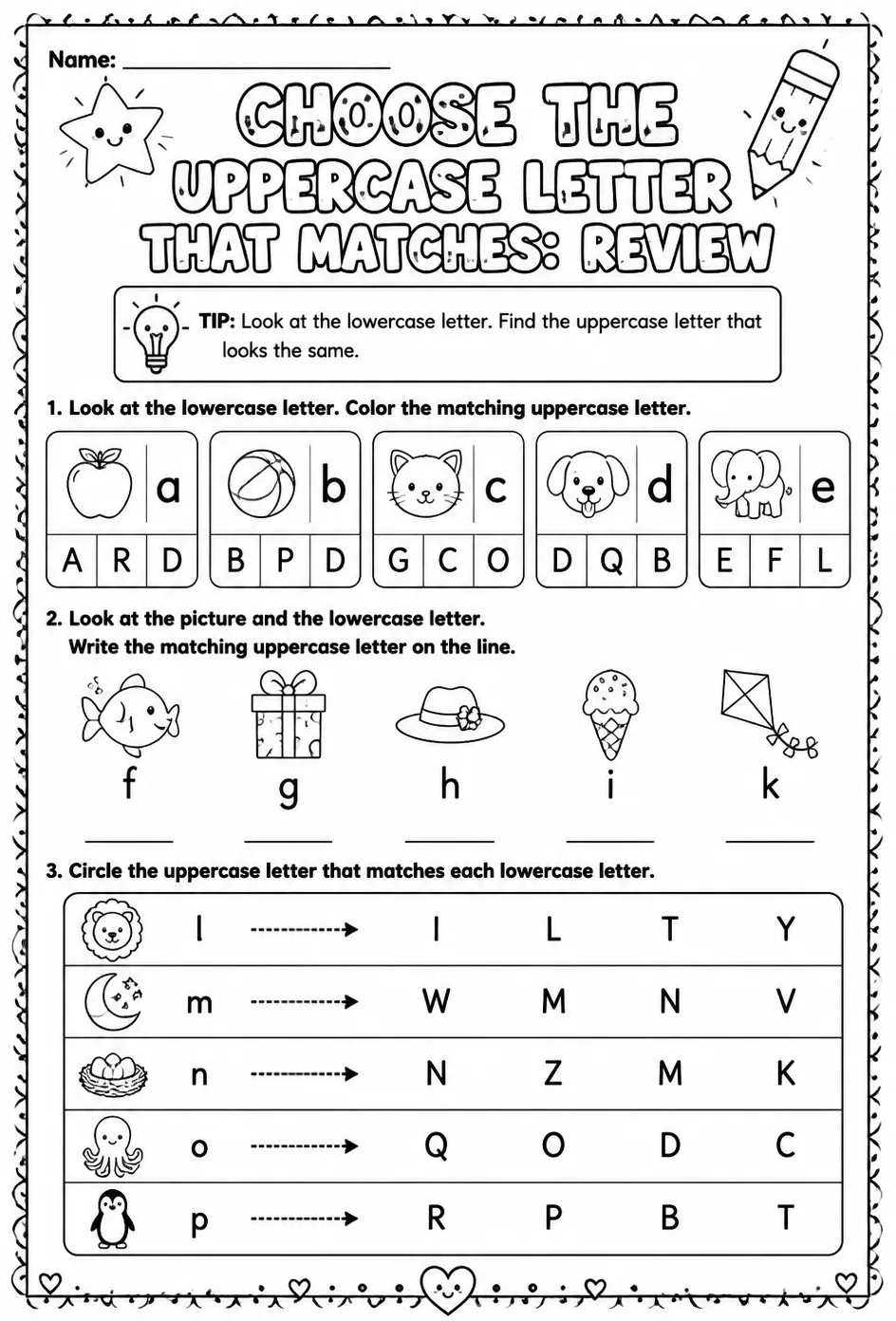 Choose the uppercase letter that matches: review — free printable Reading foundations English worksheet