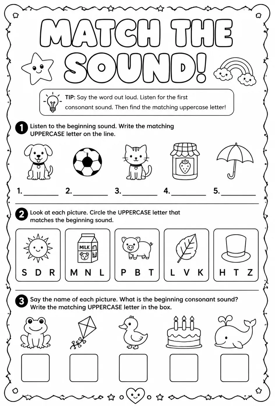 Choose the uppercase letter that matches the consonant sound: review — free printable Pre-K English & Reading worksheet