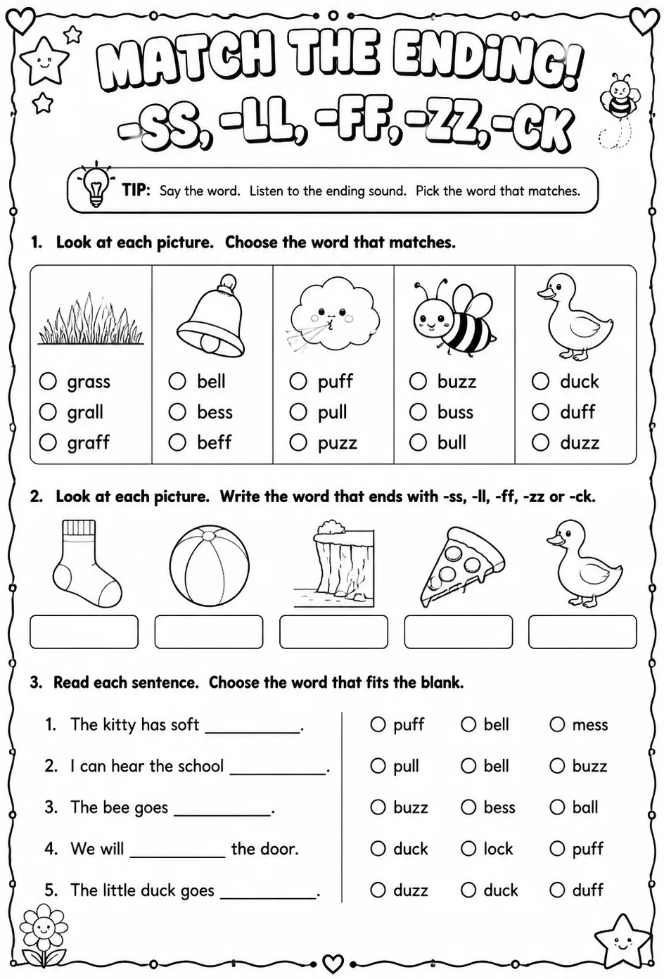 Choose the word that matches the picture: -ss, -ll, -ff, -zz, -ck — free printable Reading foundations English worksheet