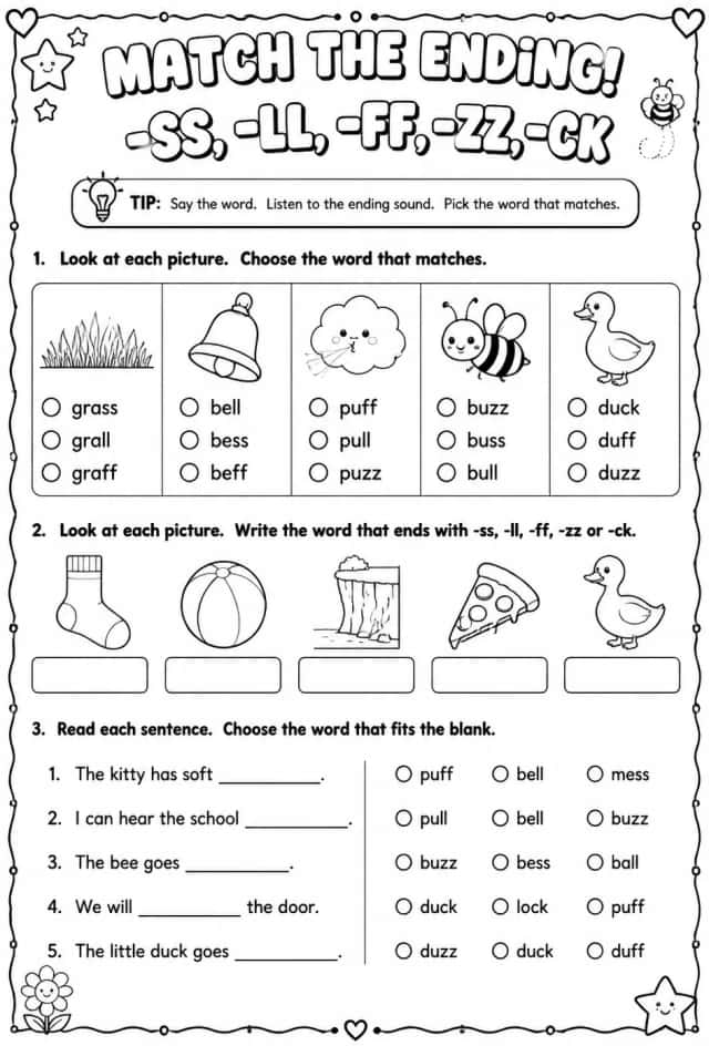 Choose the word that matches the picture: -ss, -ll, -ff, -zz, -ck