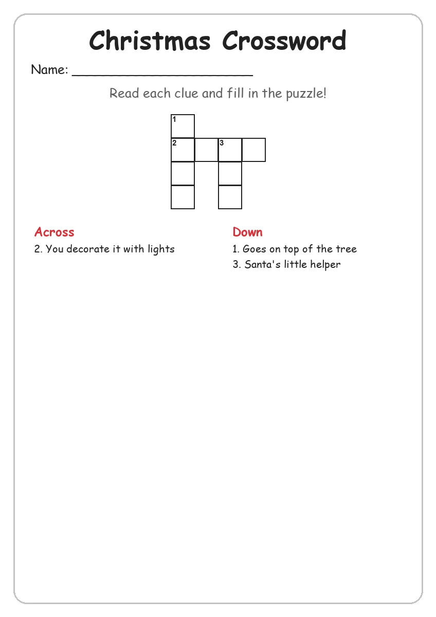 Christmas crossword worksheet for Grade 1