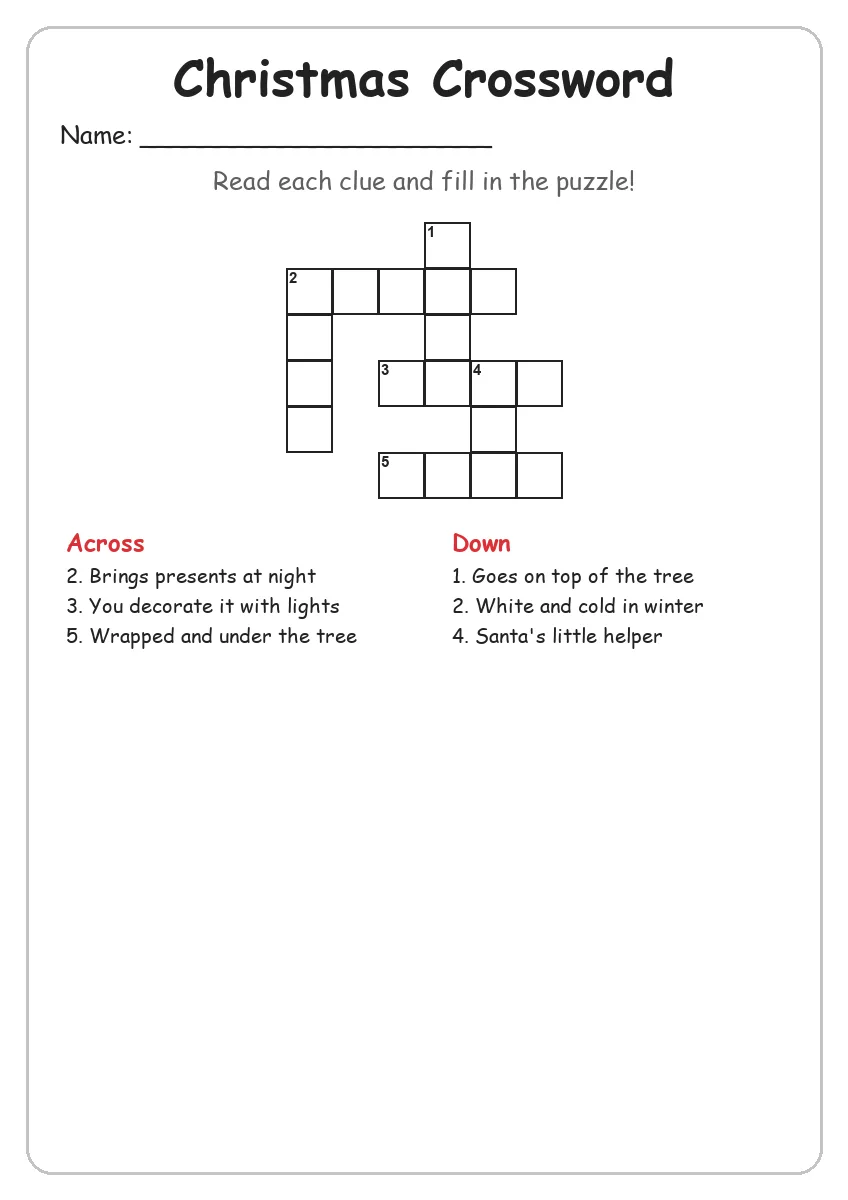 Christmas crossword worksheet for Grade 2