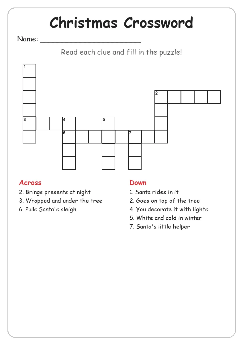 Christmas crossword worksheet for Grade 3