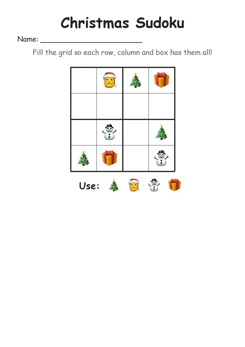 Christmas Sudoku 4x4 (Kindergarten) worksheet for Kindergarten