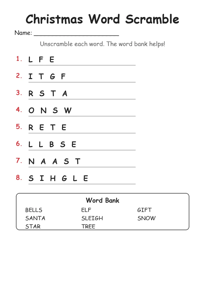 Christmas word scramble worksheet for Grade 1