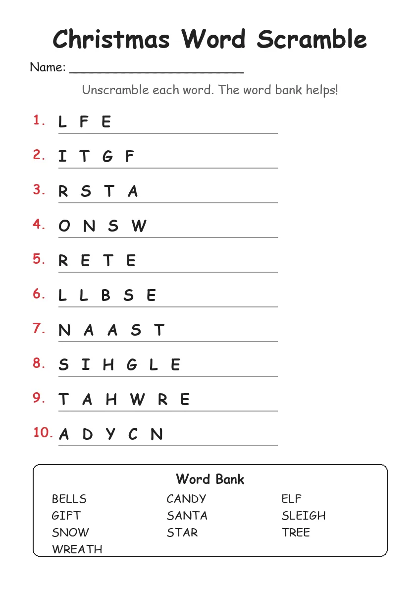 Christmas word scramble worksheet for Grade 2