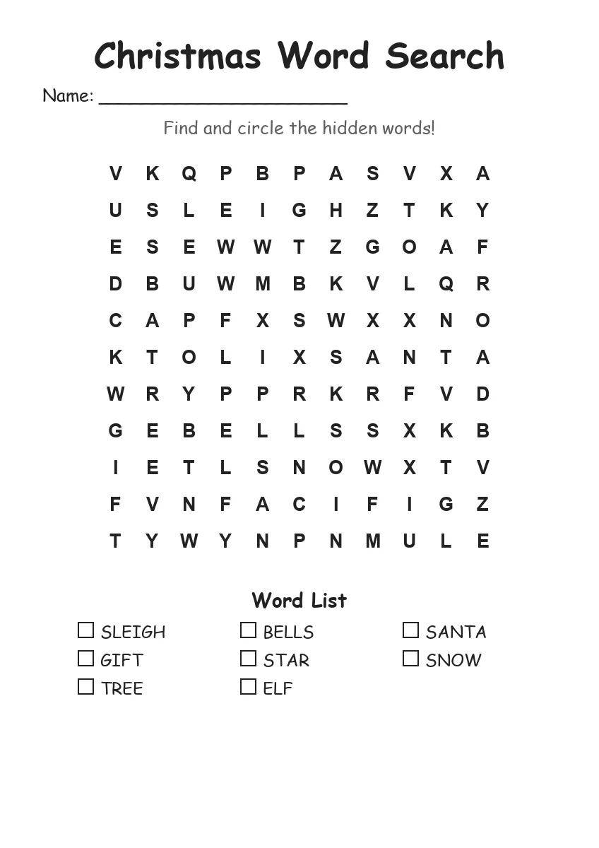 Christmas Word Search (Grade 1)