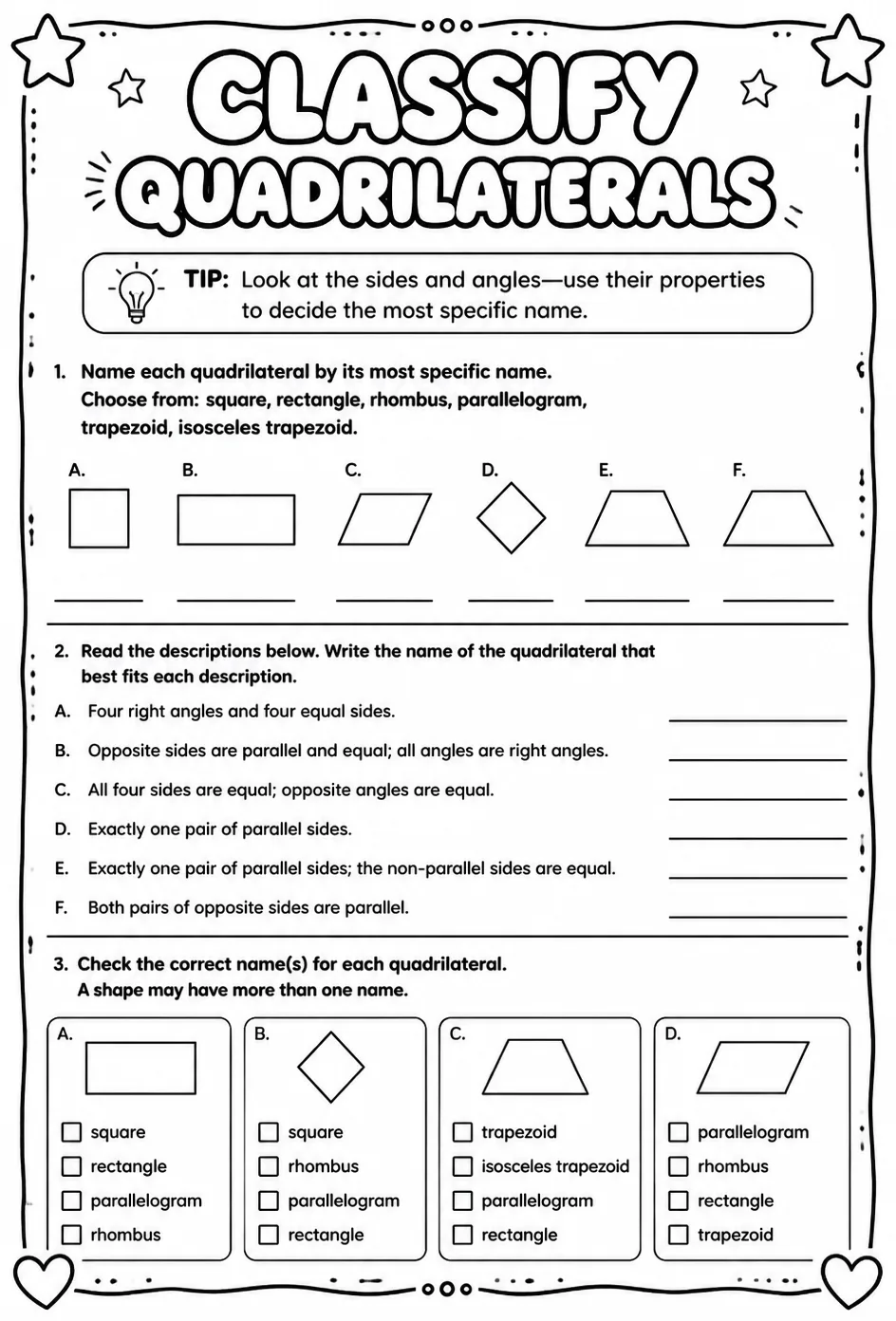 Classify quadrilaterals — free printable Grade 6 math worksheet