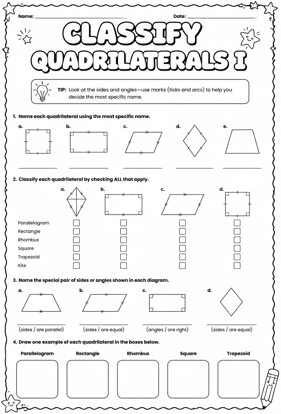 Classify quadrilaterals I — free printable Grade 7 math worksheet