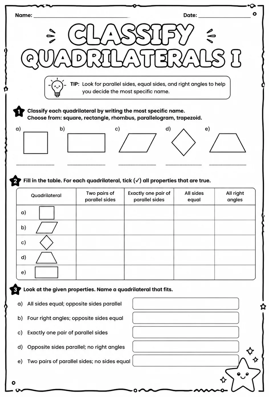 Classify quadrilaterals I — free printable Grade 8 math worksheet