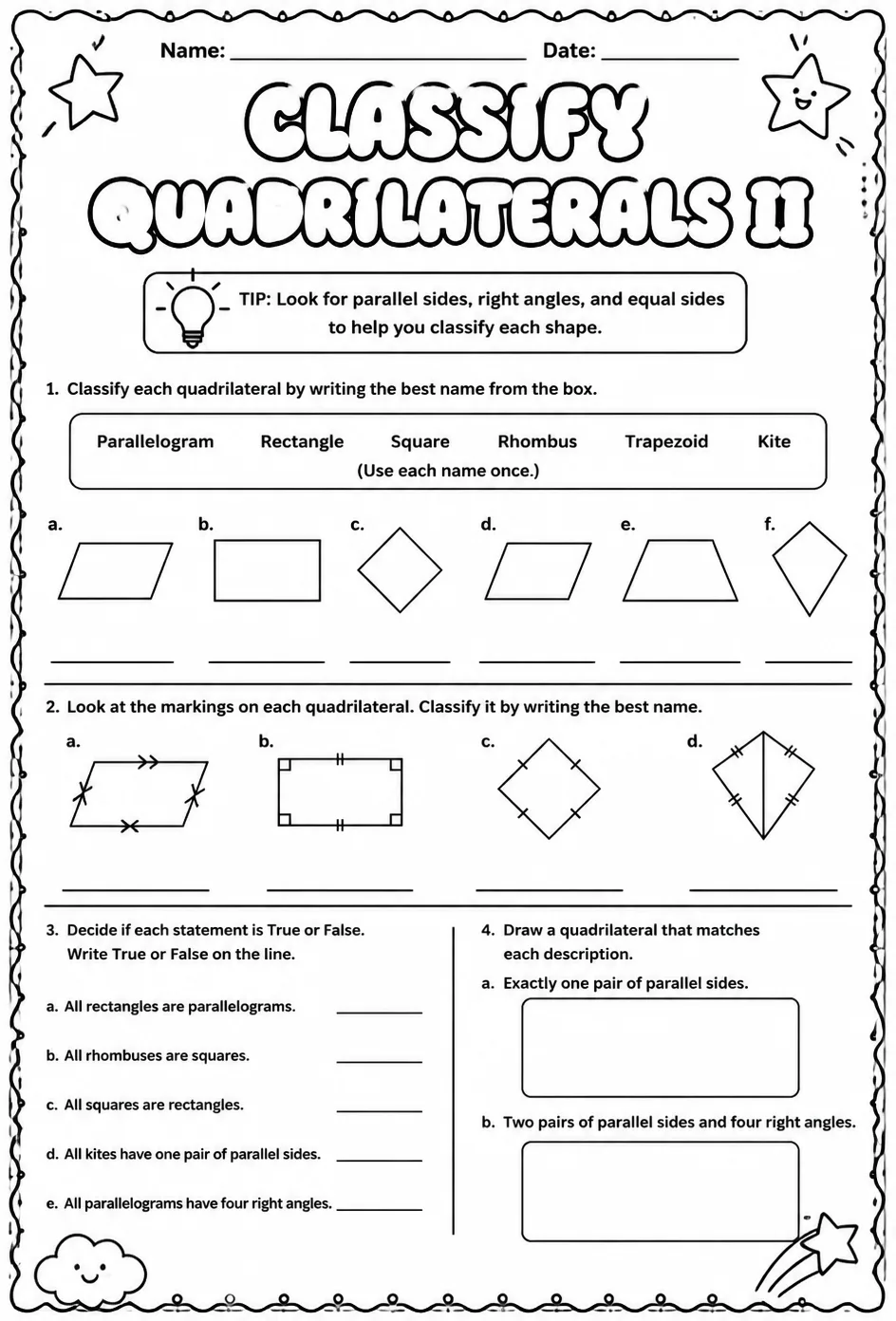 Classify quadrilaterals II — free printable Grade 7 math worksheet