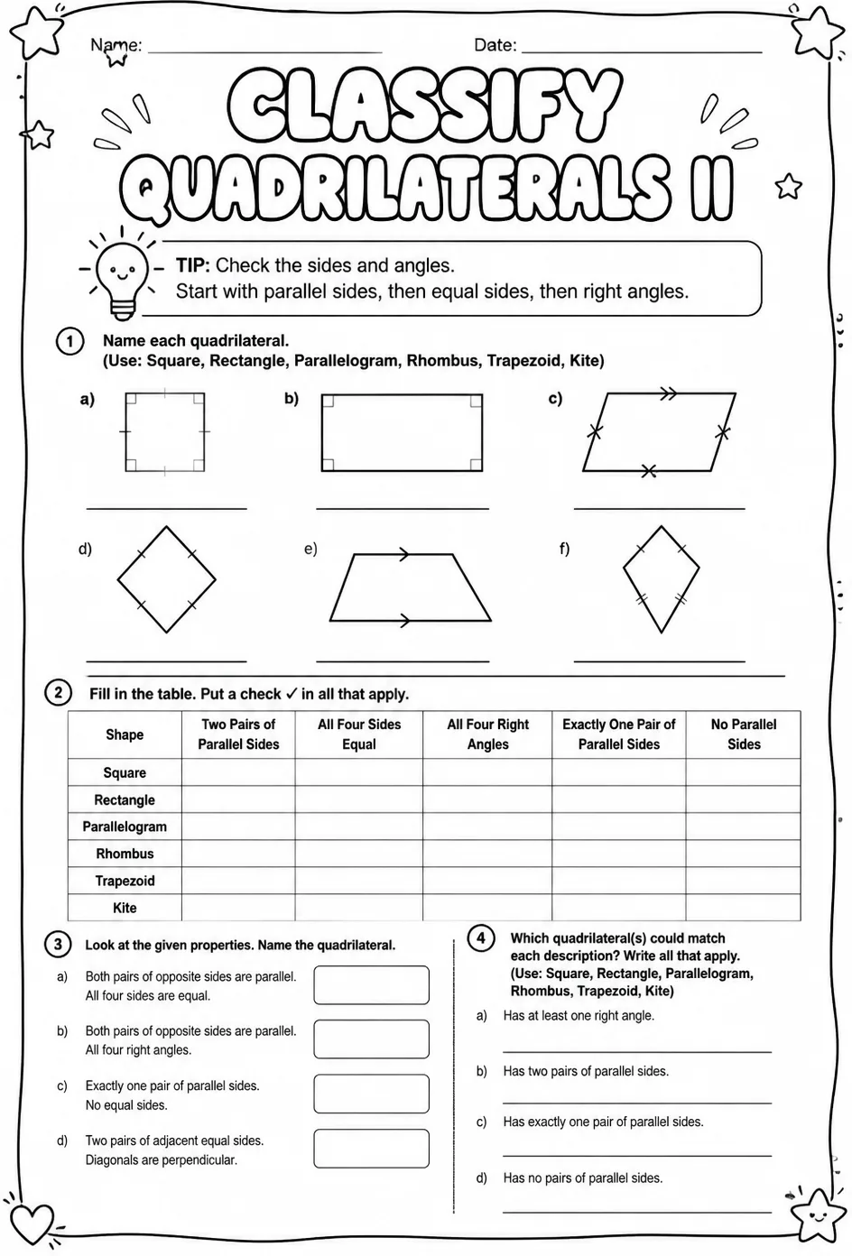 Classify quadrilaterals II — free printable Grade 8 math worksheet