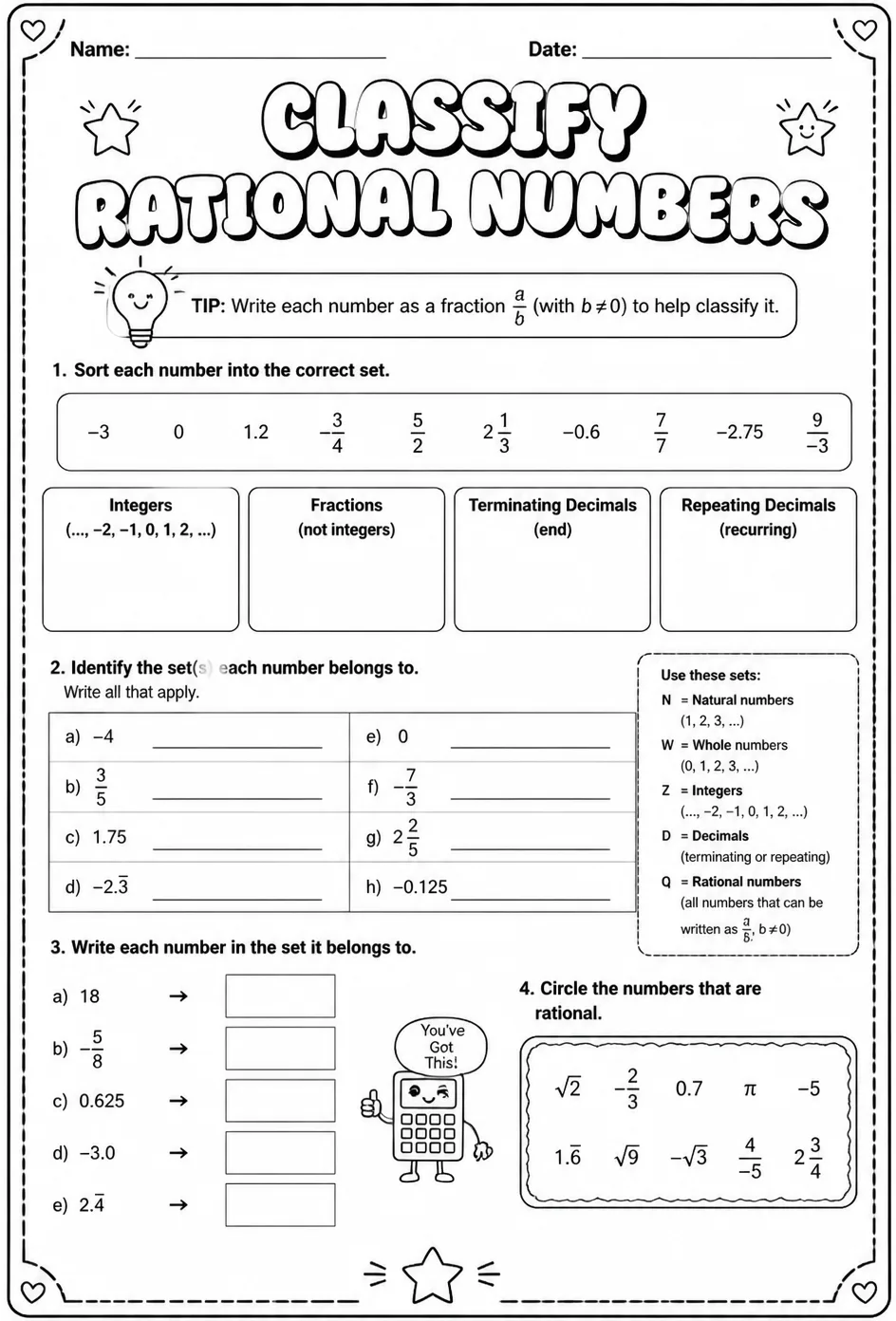 Classify rational numbers — free printable Grade 7 math worksheet