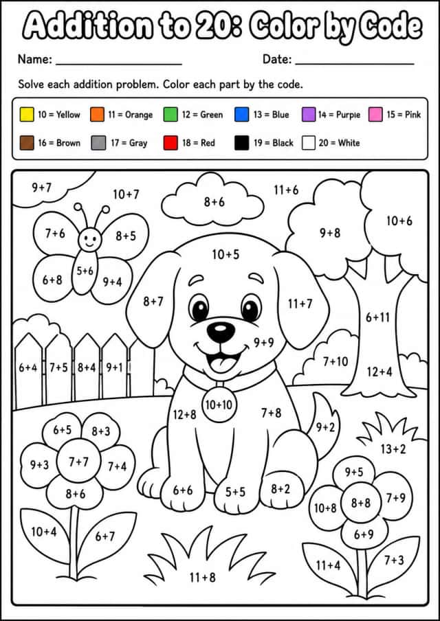 Addition Color by Code To 20 Worksheet Pack