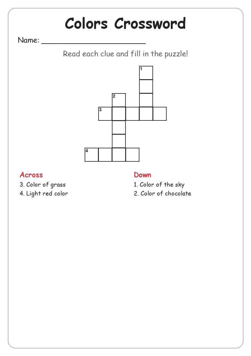 Colors crossword worksheet for Grade 1