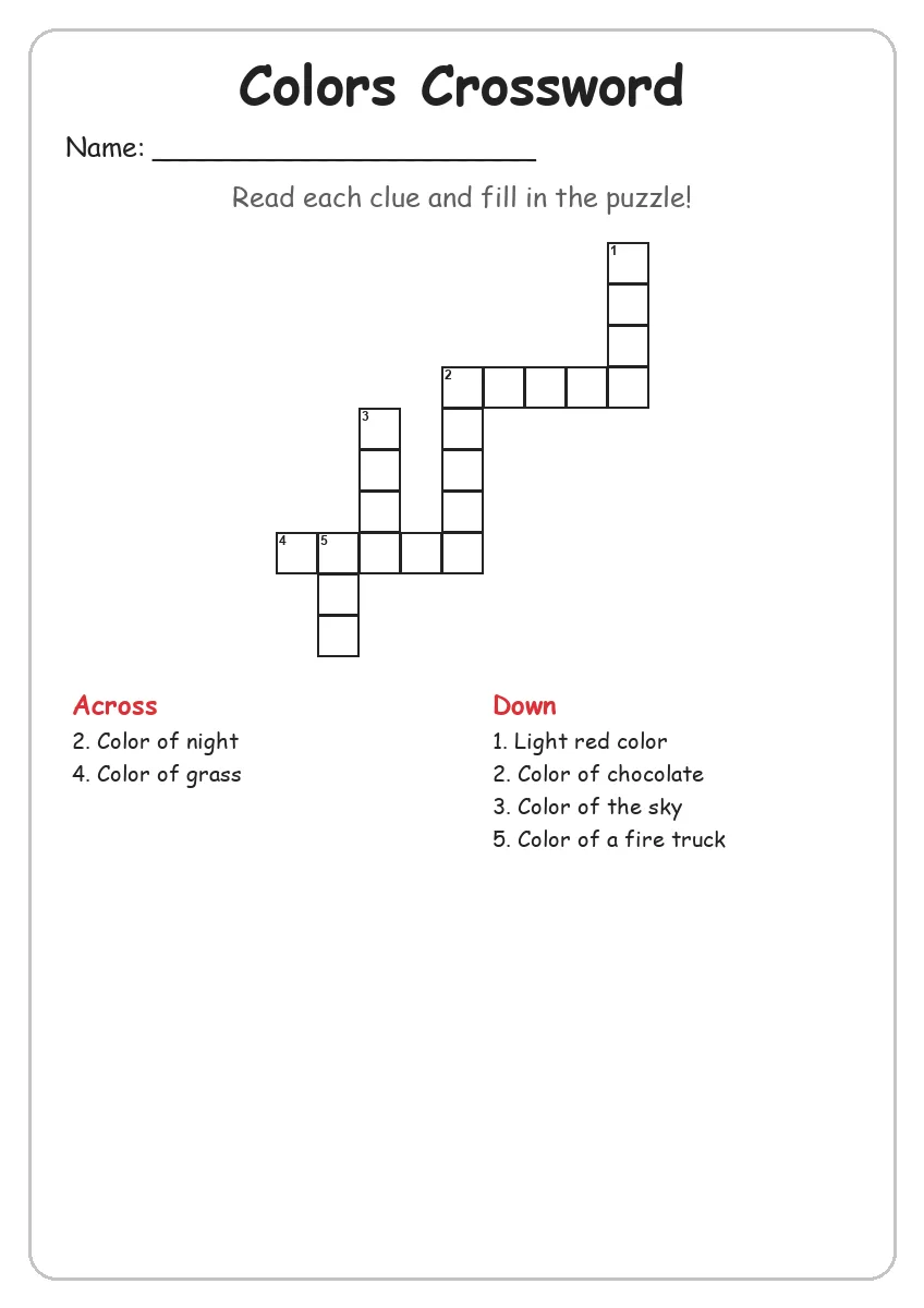 Colors crossword worksheet for Grade 2