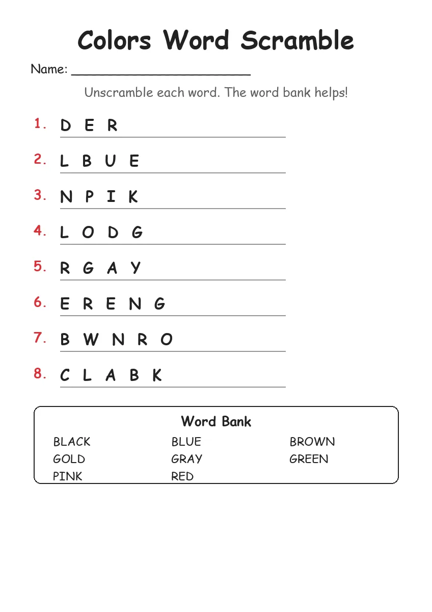 Colors word scramble worksheet for Grade 1
