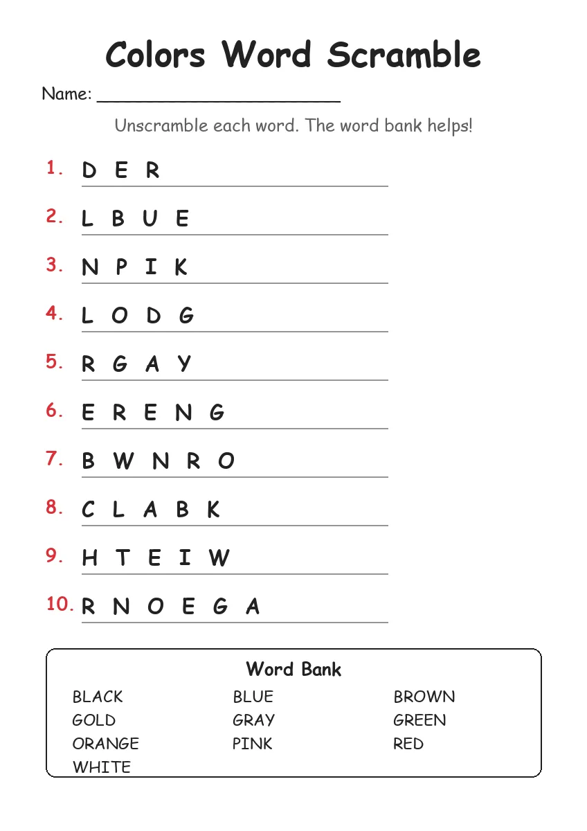 Colors word scramble worksheet for Grade 2