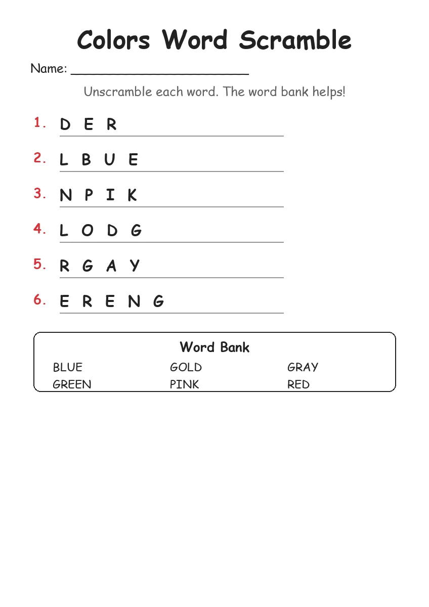 Colors word scramble worksheet for Kindergarten