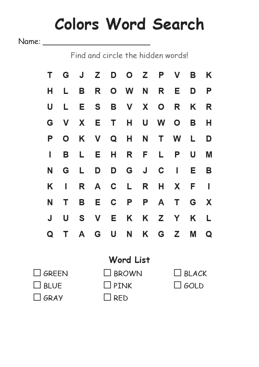 Colors word search worksheet for Grade 1