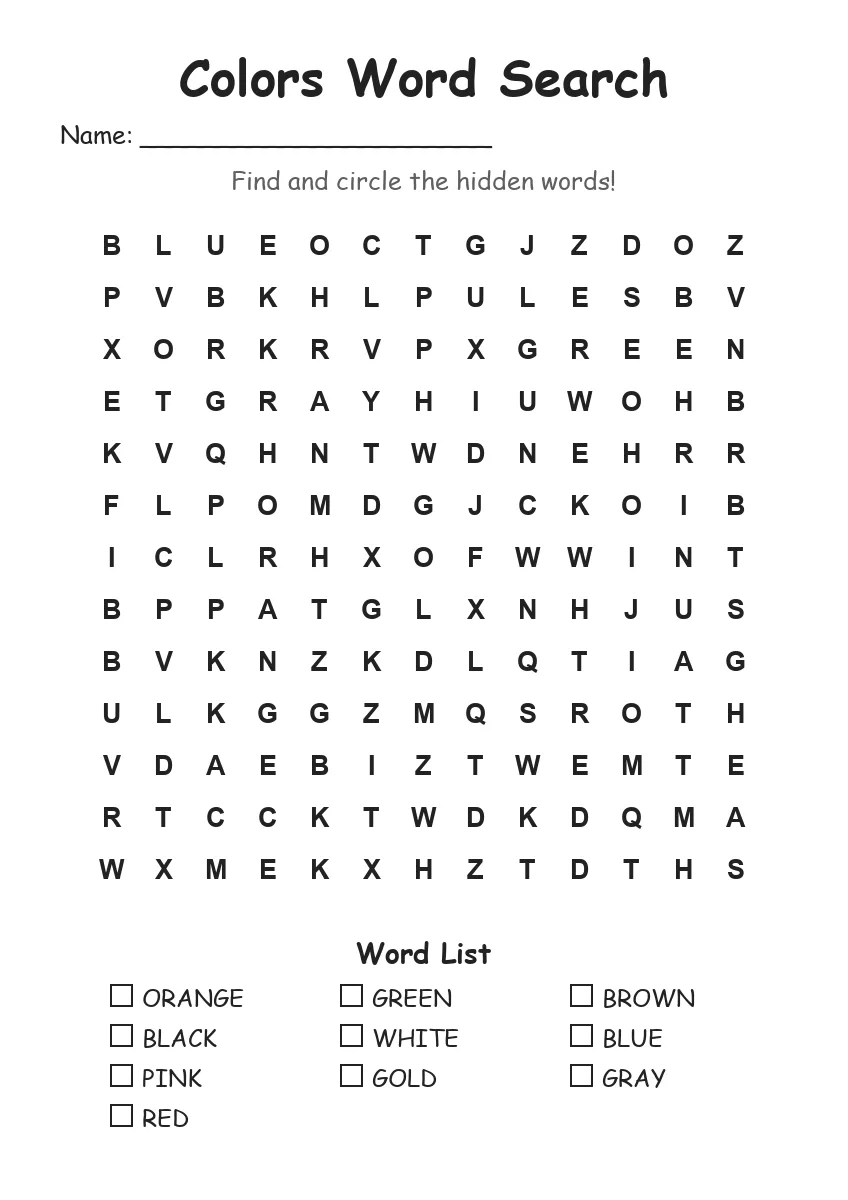 Colors word search worksheet for Grade 2