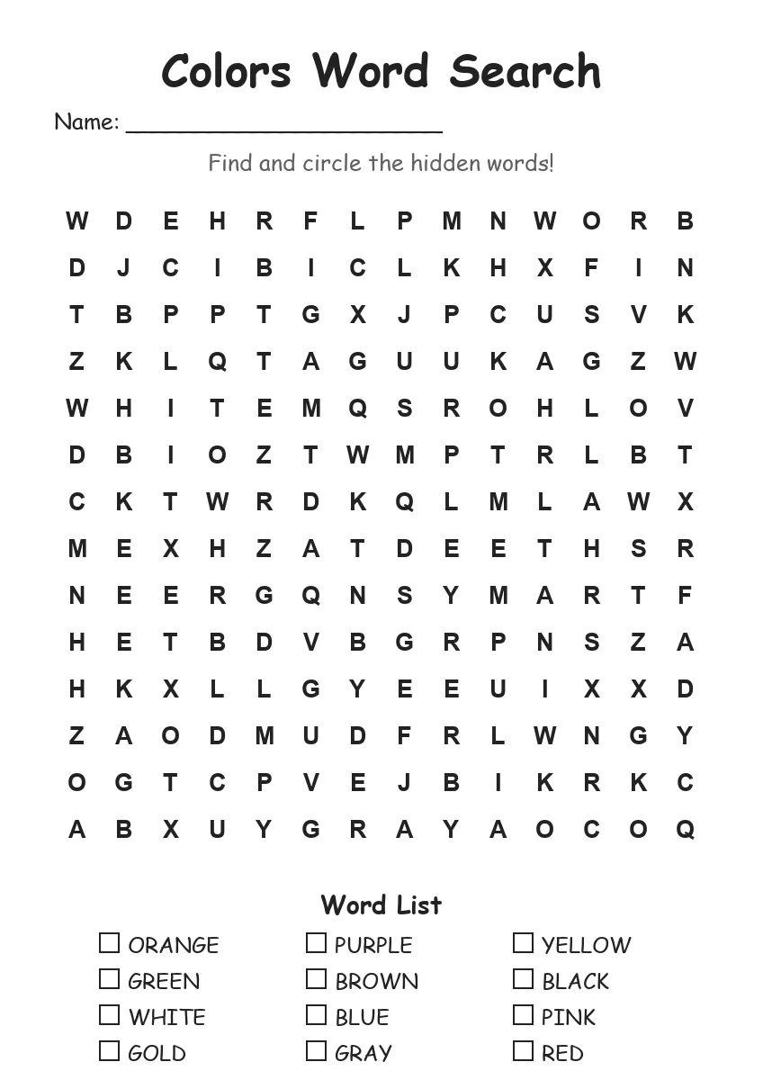 Colors word search worksheet for Grade 3