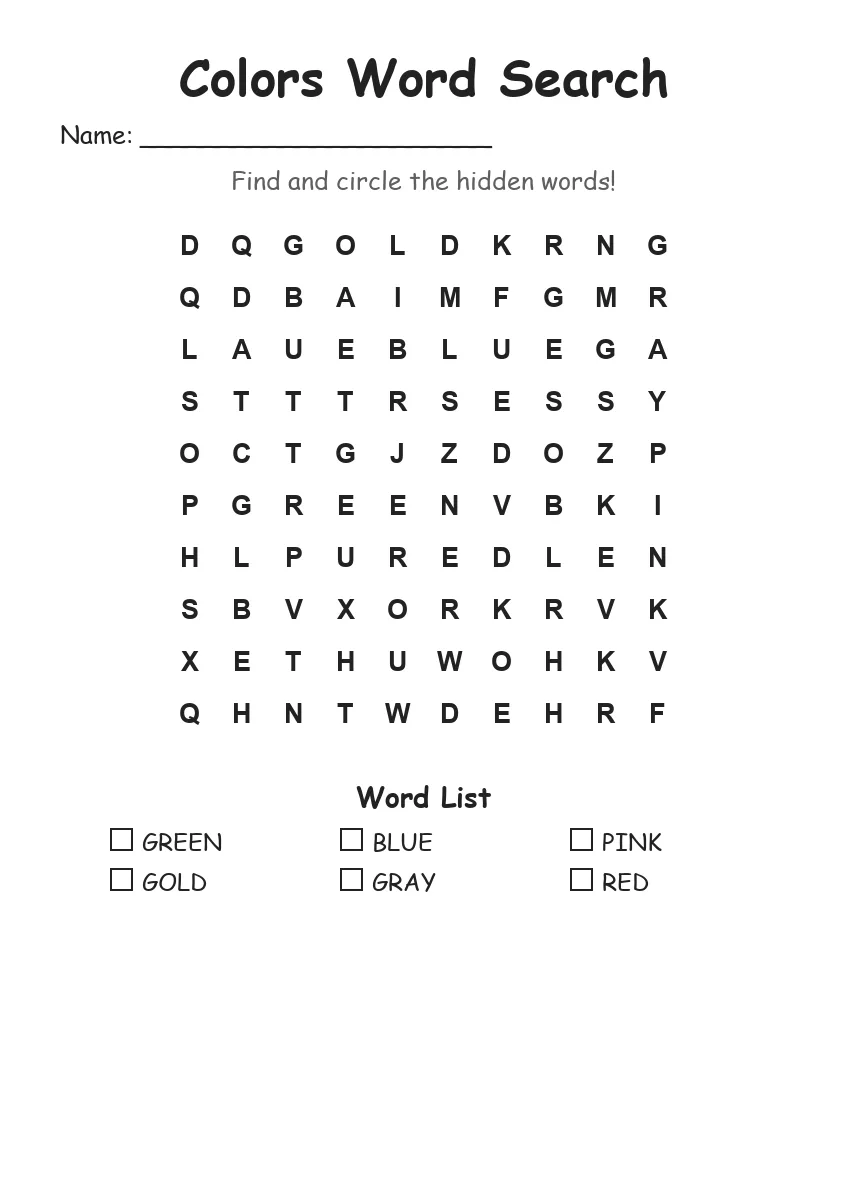 Colors word search worksheet for Kindergarten