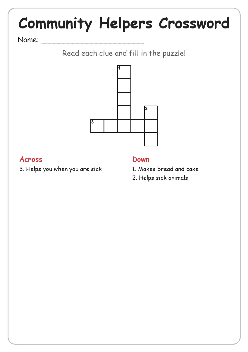 Community Helpers crossword worksheet for Grade 1