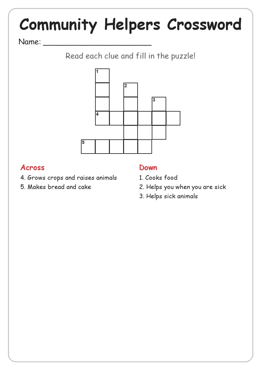 Community Helpers crossword worksheet for Grade 2