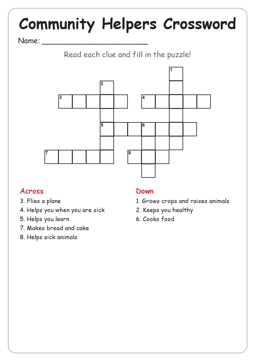 Community Helpers crossword worksheet for Grade 3