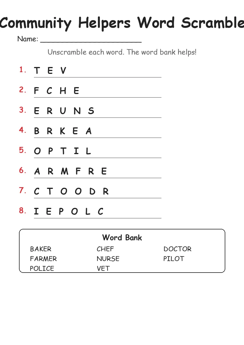 Community Helpers word scramble worksheet for Grade 1