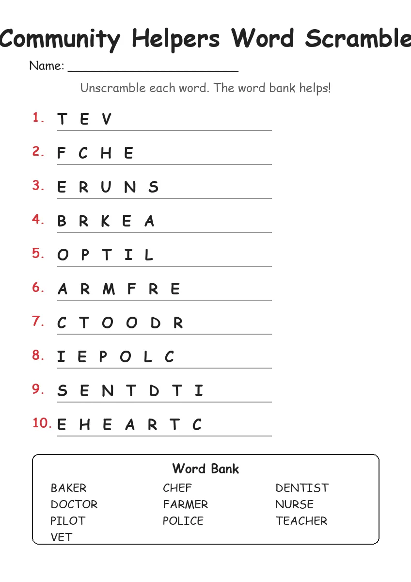 Community Helpers word scramble worksheet for Grade 3