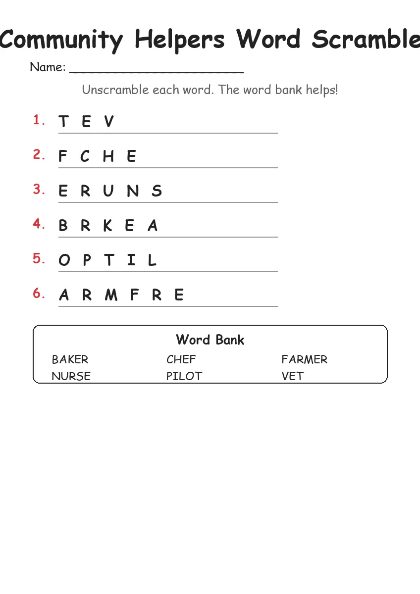 Community Helpers word scramble worksheet for Kindergarten