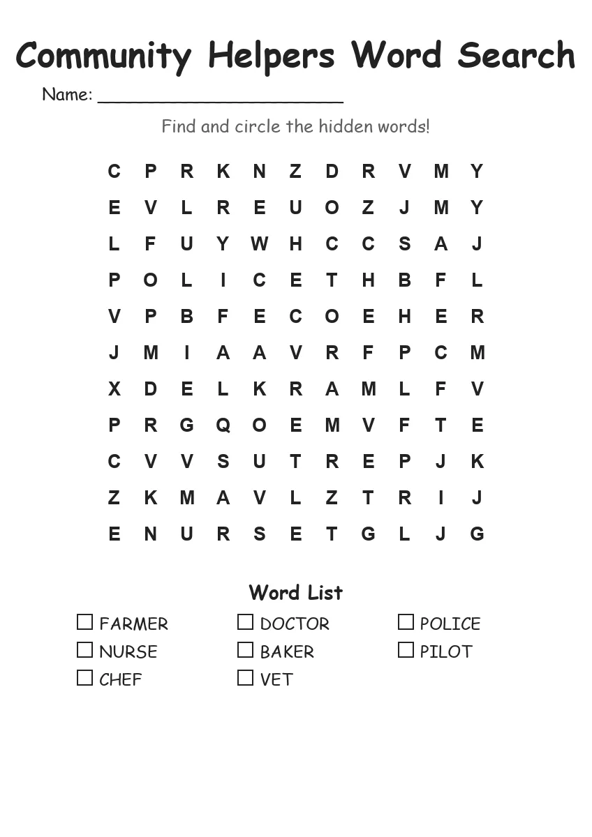Community Helpers word search worksheet for Grade 1