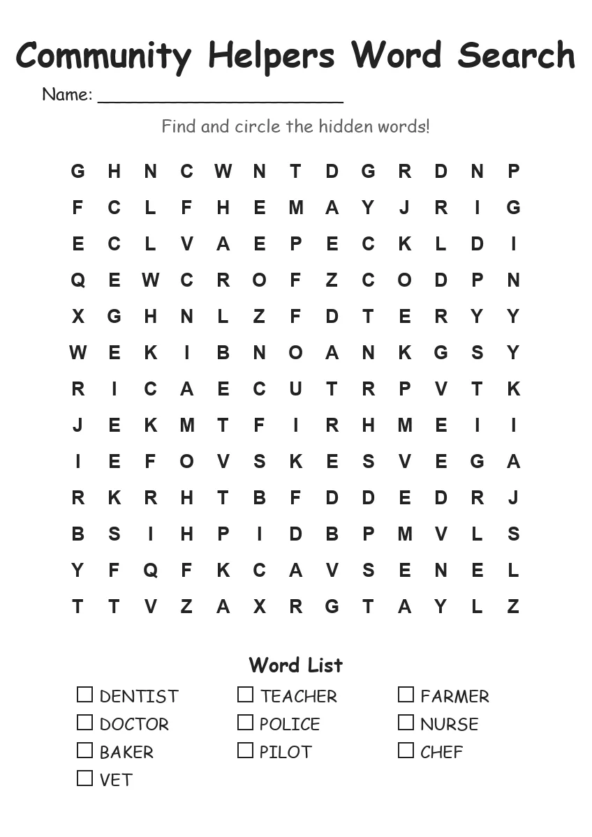 Community Helpers word search worksheet for Grade 2