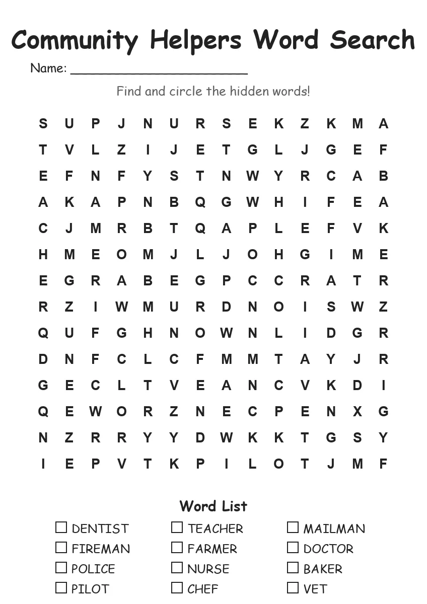 Community Helpers word search worksheet for Grade 3