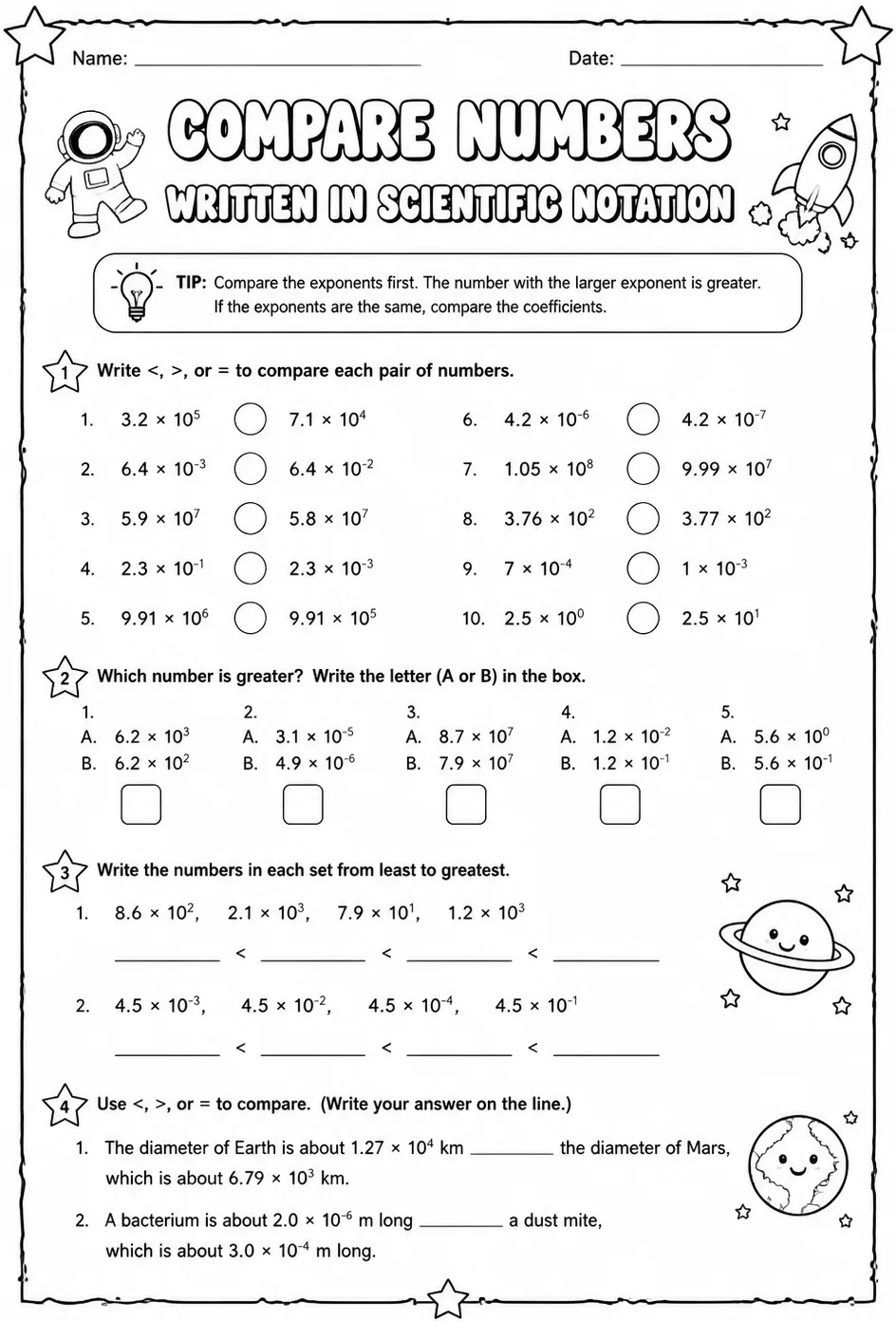 Compare numbers written in scientific notation — free printable Algebra 1 math worksheet