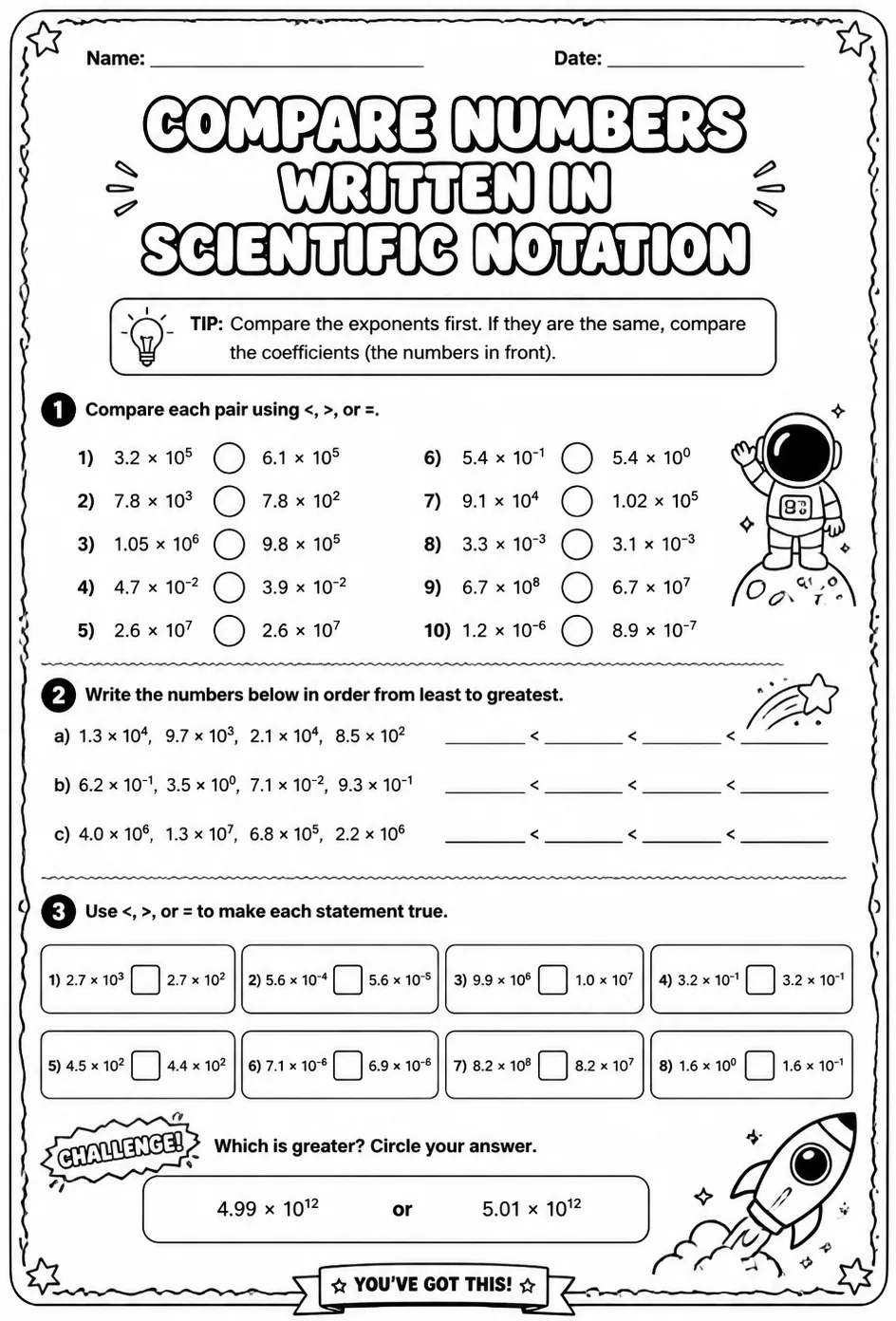 Compare numbers written in scientific notation — free printable Grade 7 math worksheet
