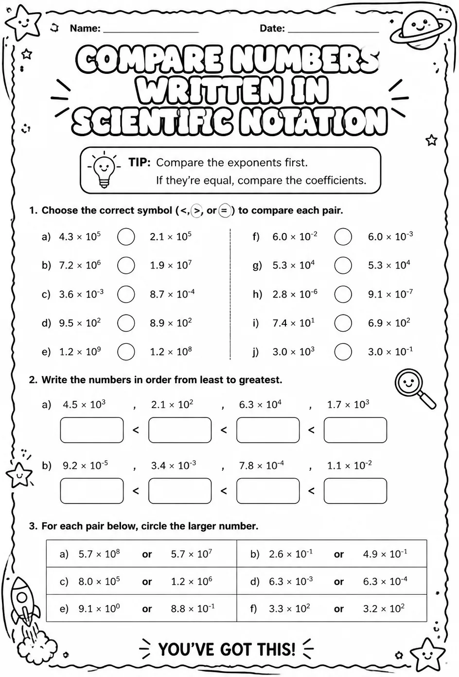 Compare numbers written in scientific notation — free printable Grade 8 math worksheet