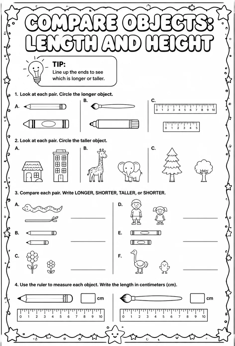 Compare objects: length and height — free printable Grade 1 math worksheet
