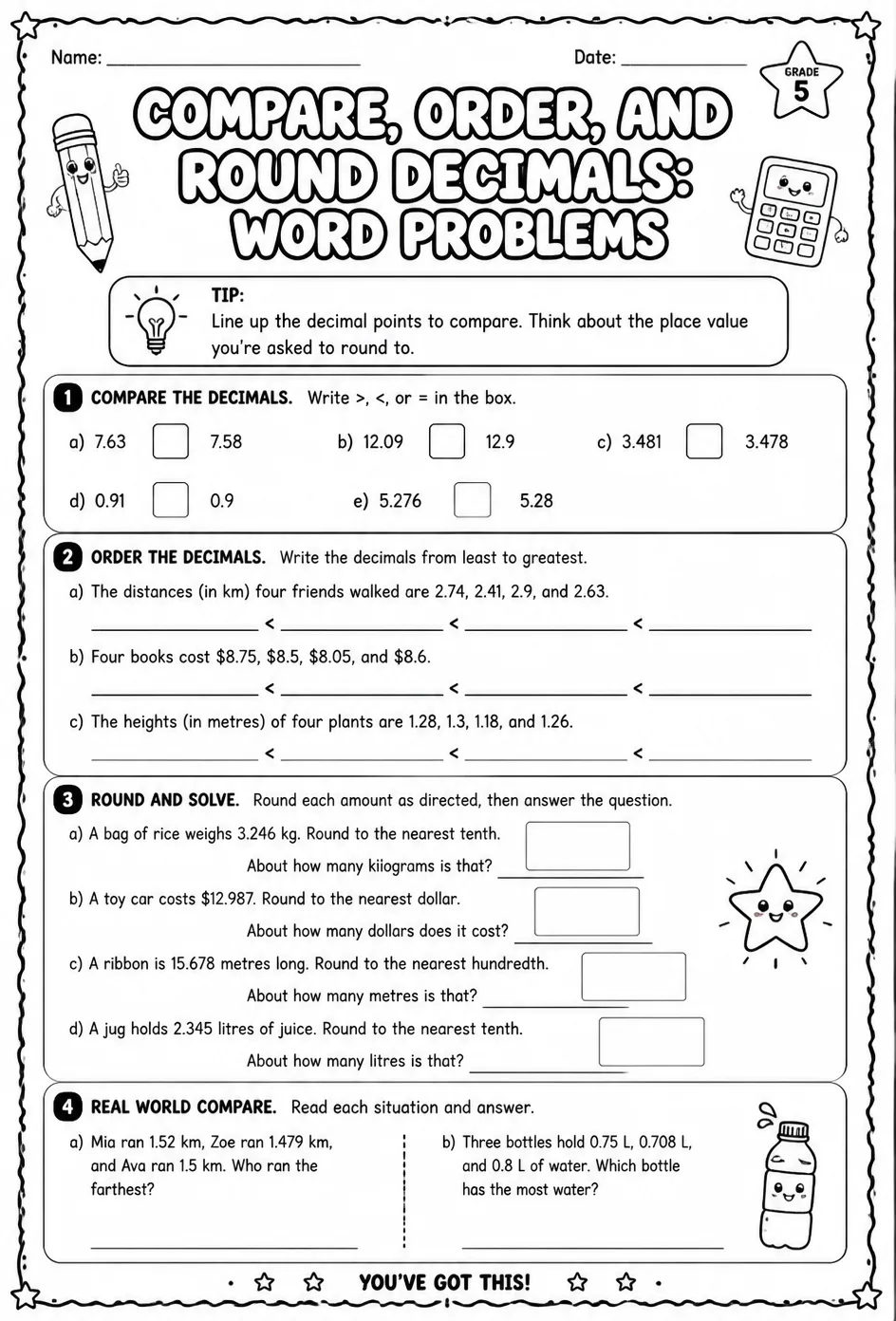 Compare, order, and round decimals: word problems — free printable Grade 5 math worksheet