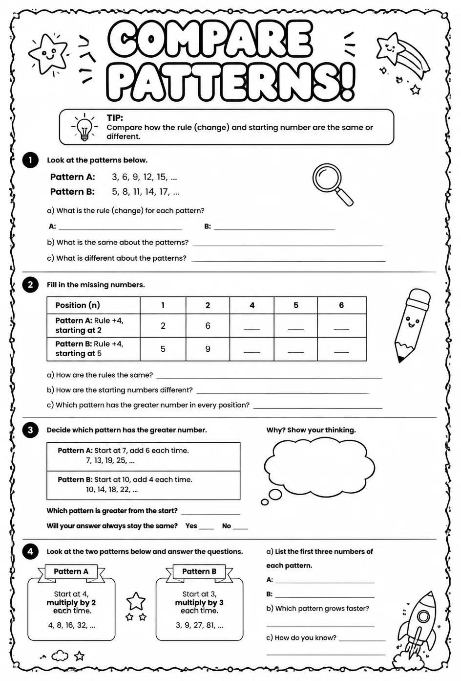 Compare patterns — free printable Grade 5 math worksheet