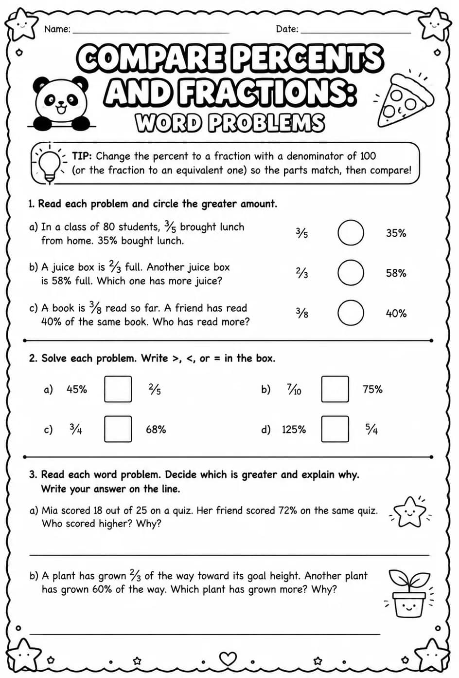 Compare percents and fractions: word problems — free printable Grade 6 math worksheet
