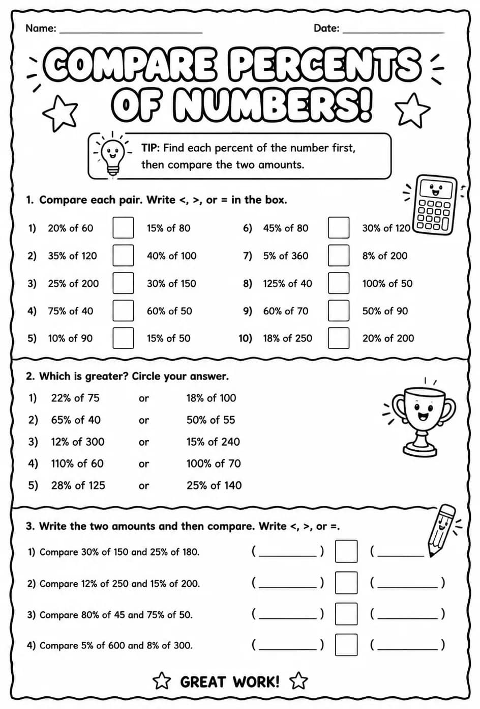 Compare percents of numbers — free printable Grade 8 math worksheet