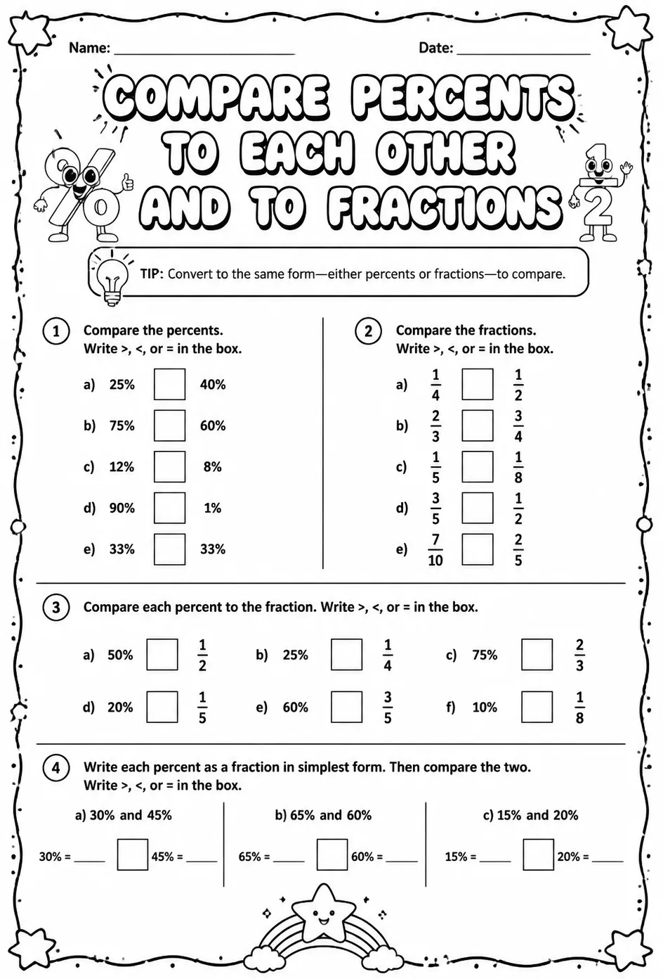Compare percents to each other and to fractions — free printable Grade 6 math worksheet